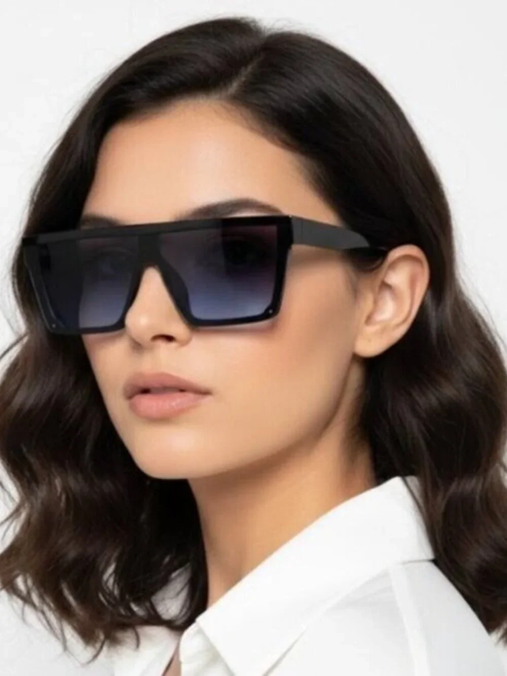 Oversized Black Blue Gradient Lens Women's Square Flat Top Sunglasses One Size